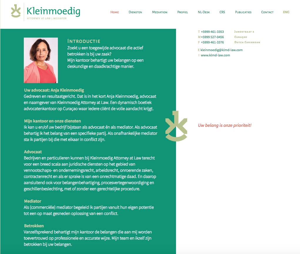 Benieuwd naar de kosten? Tekst Compleet is transparant over tarieven en werkt met duidelijke deadlines.
Website Kleinmoedig Attorney at Law - tekst