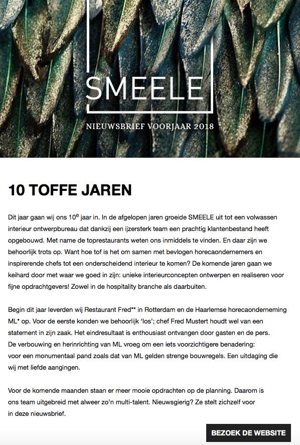 Benieuwd naar de kosten? Tekst Compleet is transparant over tarieven en werkt met duidelijke deadlines.
Nieuwsbrief interieurontwerpbureau SMEELE - tekst